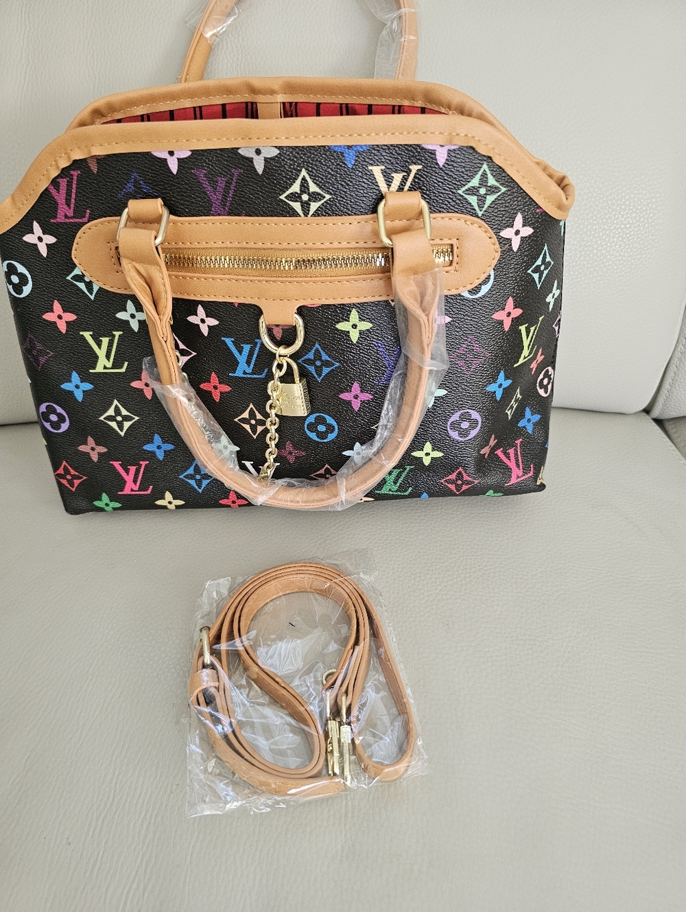 Black Multicolor Monogram Satchel with Tan Trim